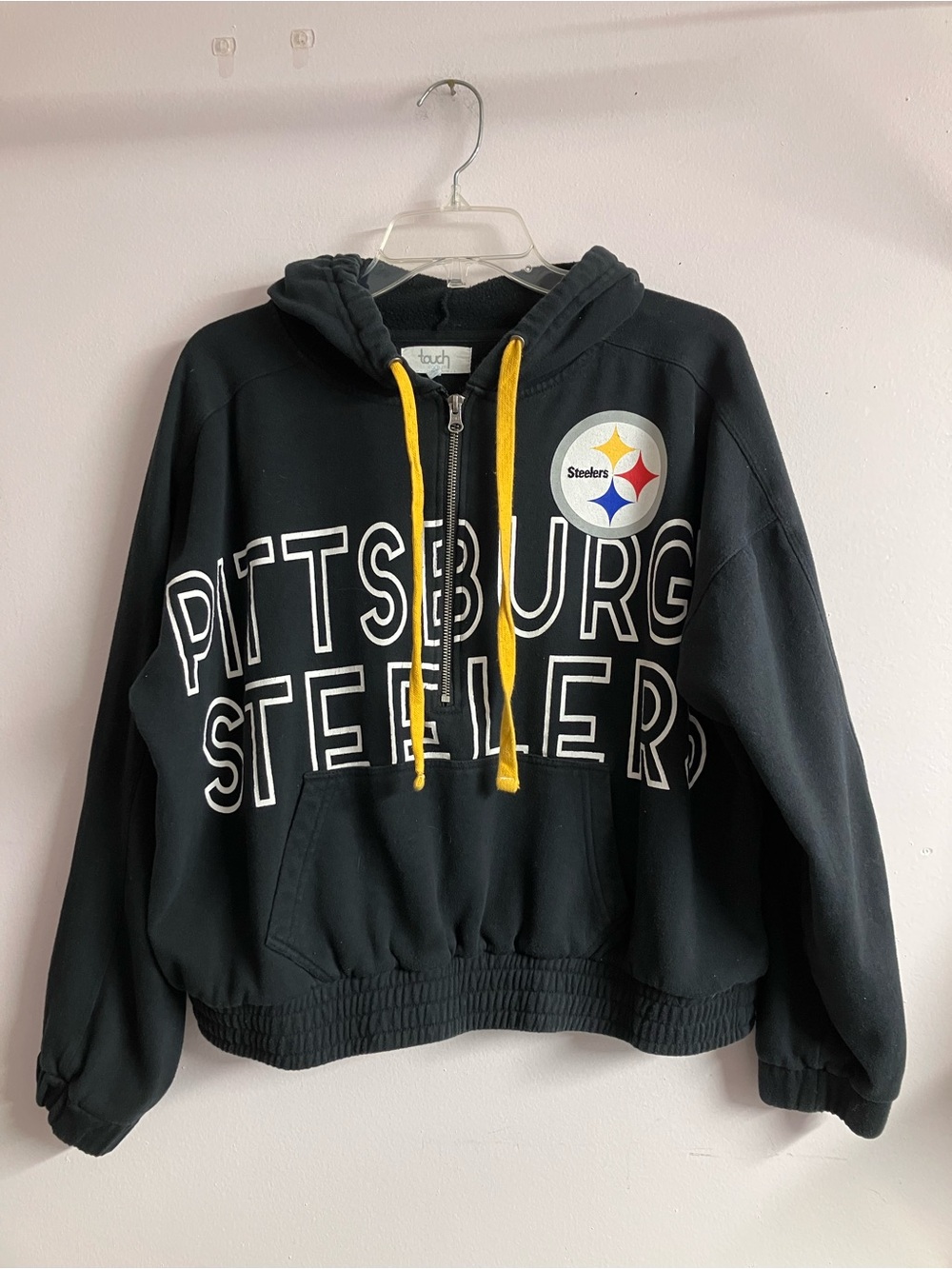 Pittsburgh Steelers Women’s Pullover 1/2 Zip Tie Hoodie, Large, Black/Gold